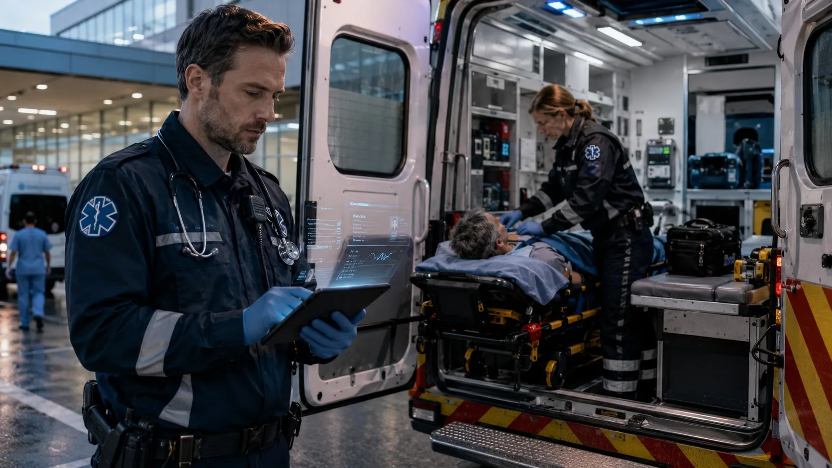 Profissional registrando o atendimento em tablet, dentro da ambulância.