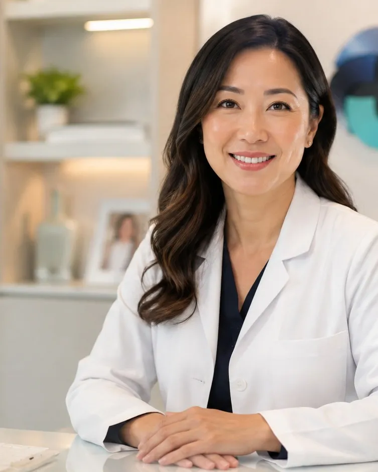 Médica em seu consultório, à mesa de atendimento.