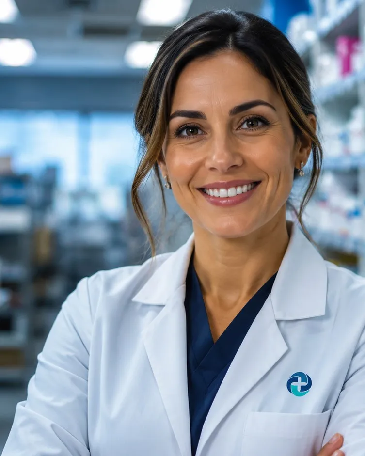 Farmacêutica hospitalar diante das prateleiras de medicamentos.