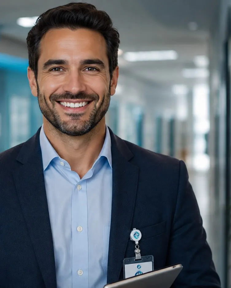 Gestor hospitalar com crachá e tablet, no corredor da instituição.