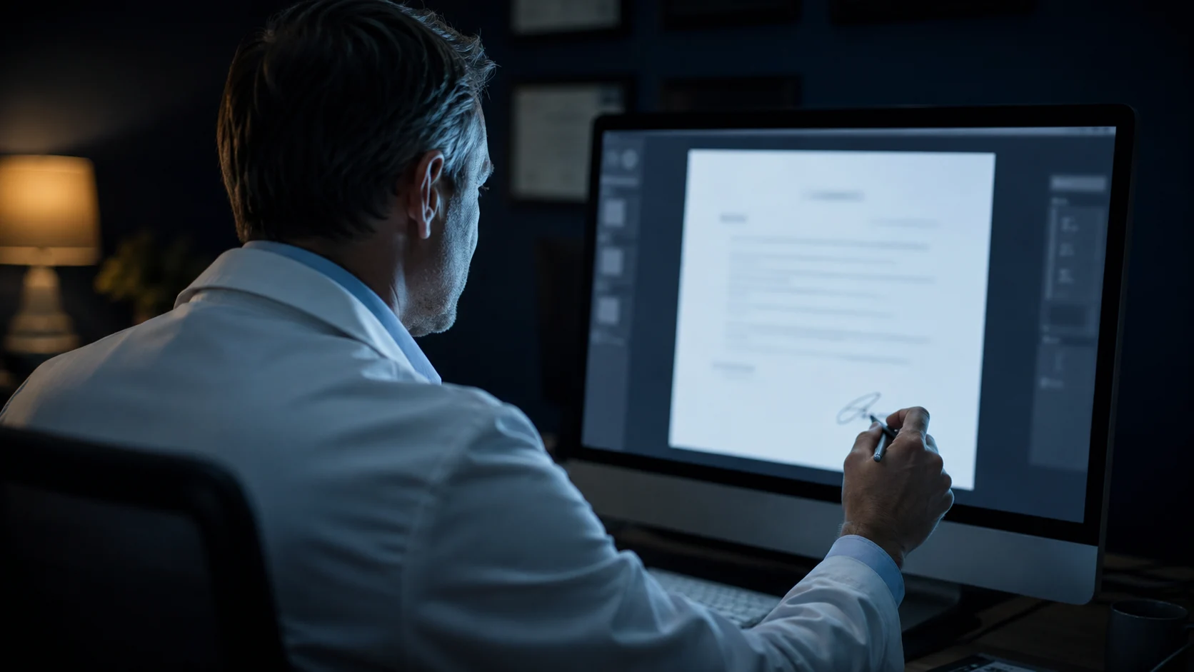 Médico revisando e assinando a conduta na tela.