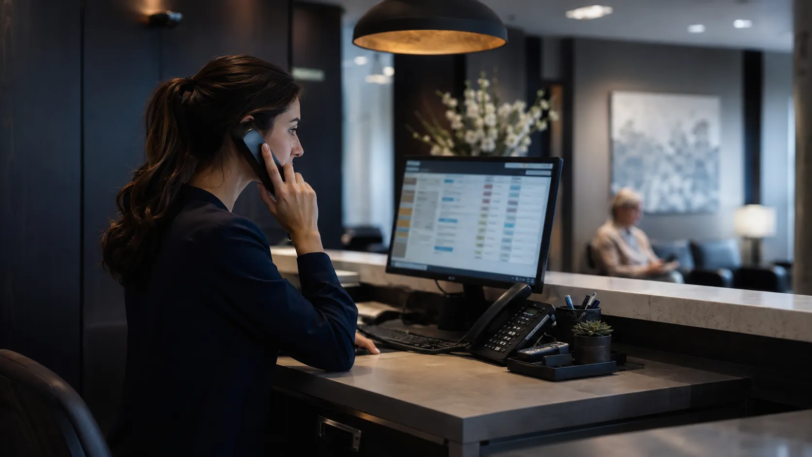 Recepcionista ao telefone com a agenda do dia na tela.
