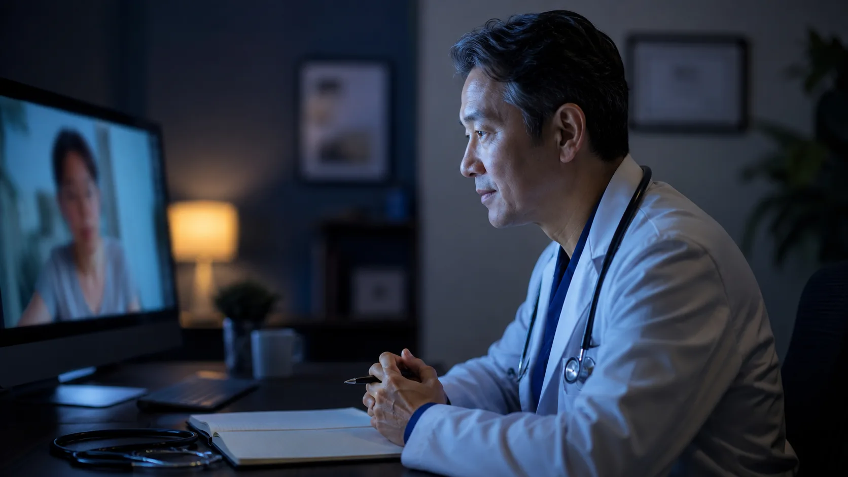 Atendimento por telemedicina, com a paciente na tela e o registro ao lado.