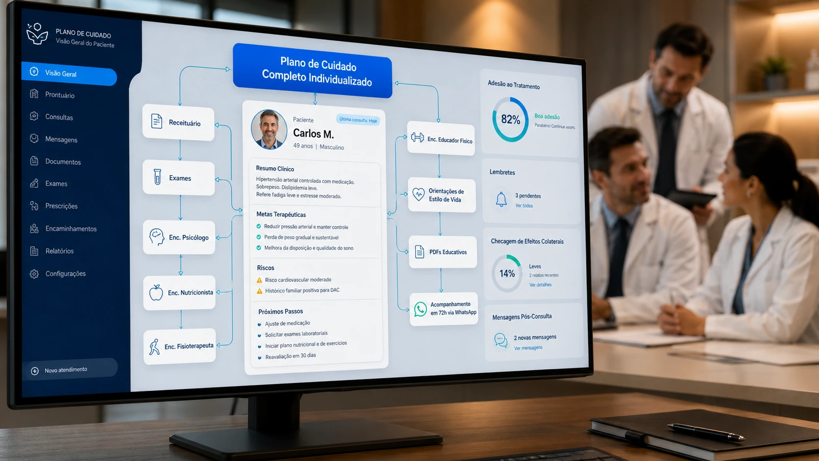Ambiente de atendimento da SAVYME: escuta, evolução e prancheta de documentos na mesma tela.