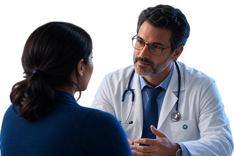 Médico de jaleco escutando uma paciente durante a consulta.