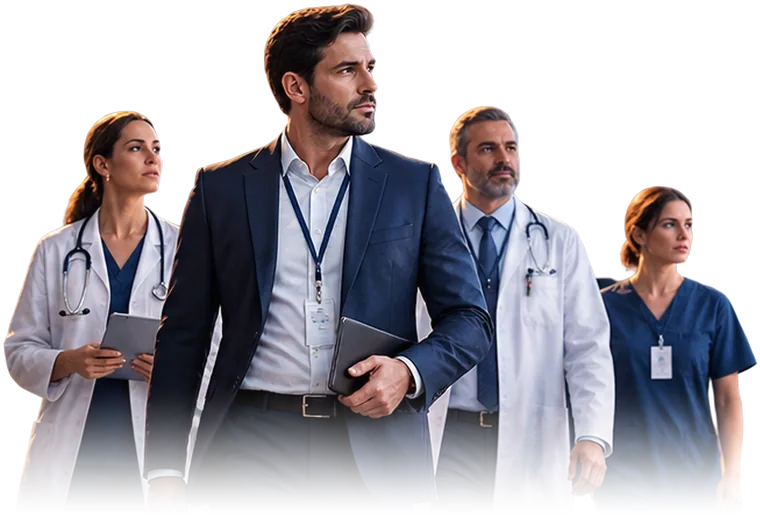 Quatro profissionais caminham juntos: um gestor de terno à frente com o notebook sob o braço, uma médica com tablet, um médico de jaleco e estetoscópio e uma enfermeira.